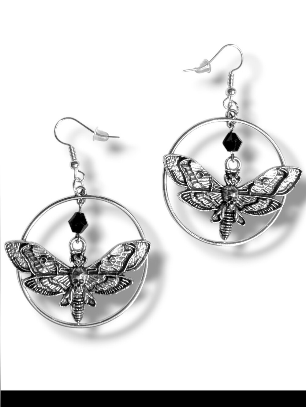 NWT Handmade Silver Death Moth Black Gem and Hoop Layered Earrings